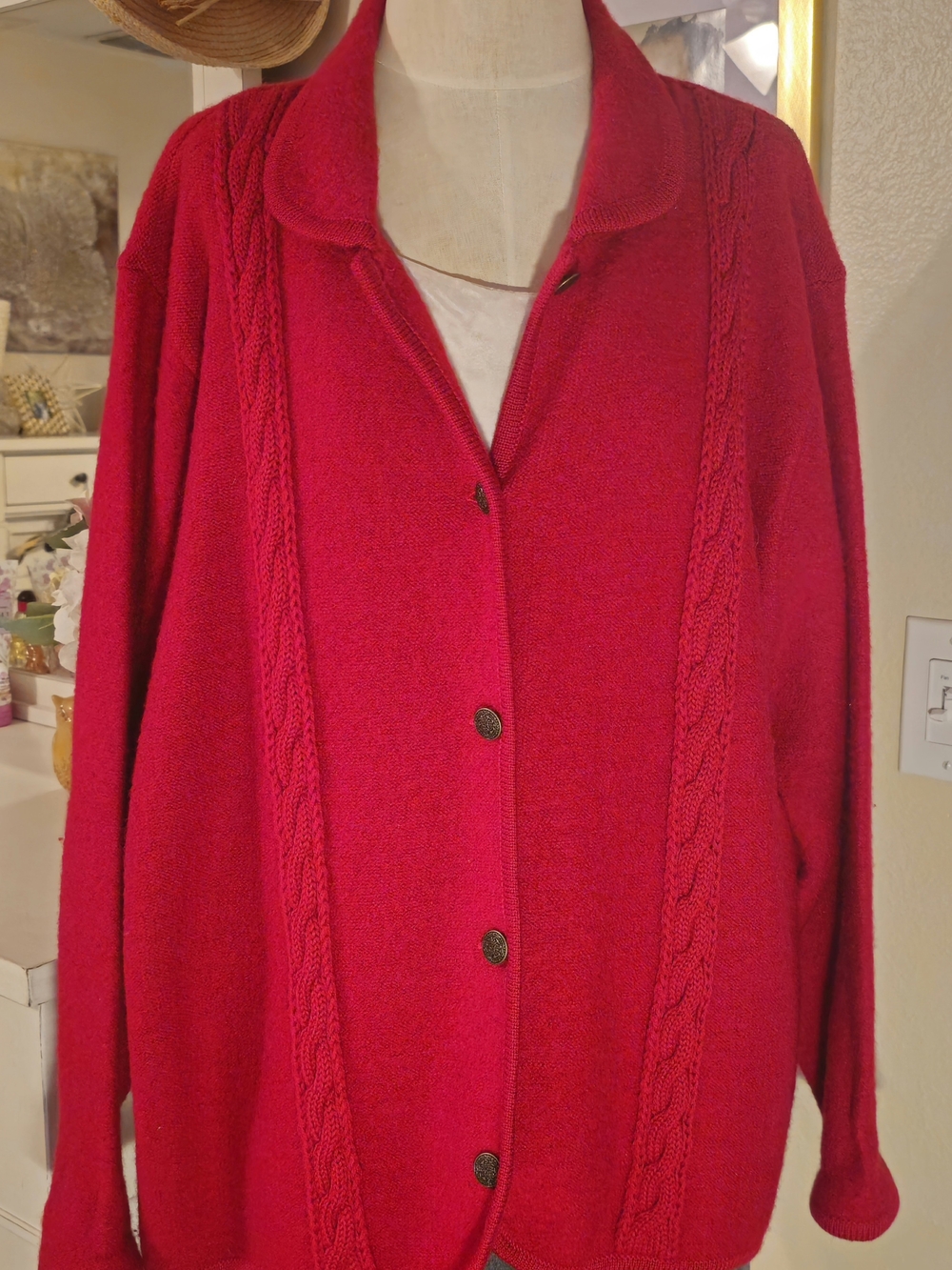 Worthington Bright Red Cable-Trim Button-Up Cardigan